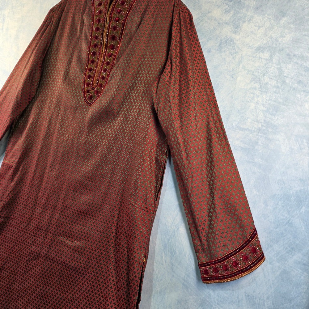 Mens Red Green Woven Kurta Tunic Embroidered Velvet Beadwork Traditional 105 - Picture 3 of 13